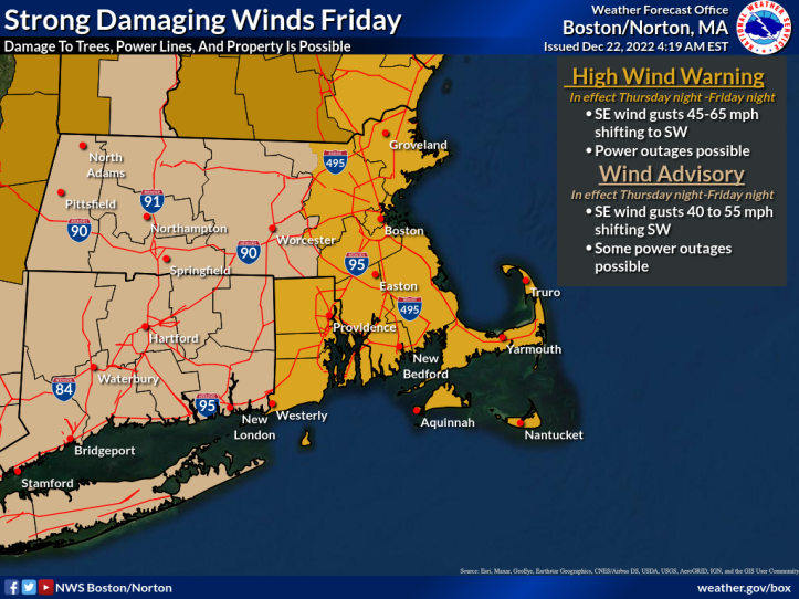 A map of Massachusetts, Rhode Island, and Connecticut showing high wind warnings along eastern Massachusetts and Rhode Island.