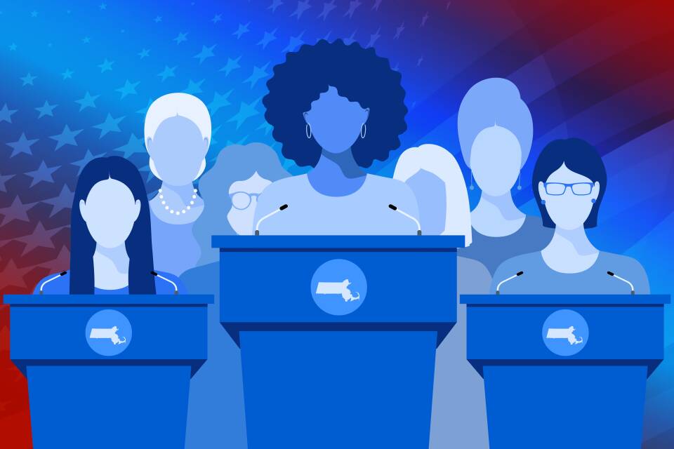 An illustration shows impressions of different professional women at podiums that bear Massachusetts' outline. They reflect women of different races and appearances.