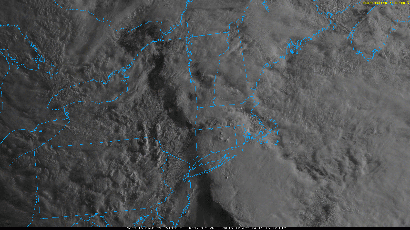 A satellite image of clouds moving over the northeastern US.