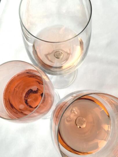 Three varying shades of Rosé in a glasses.