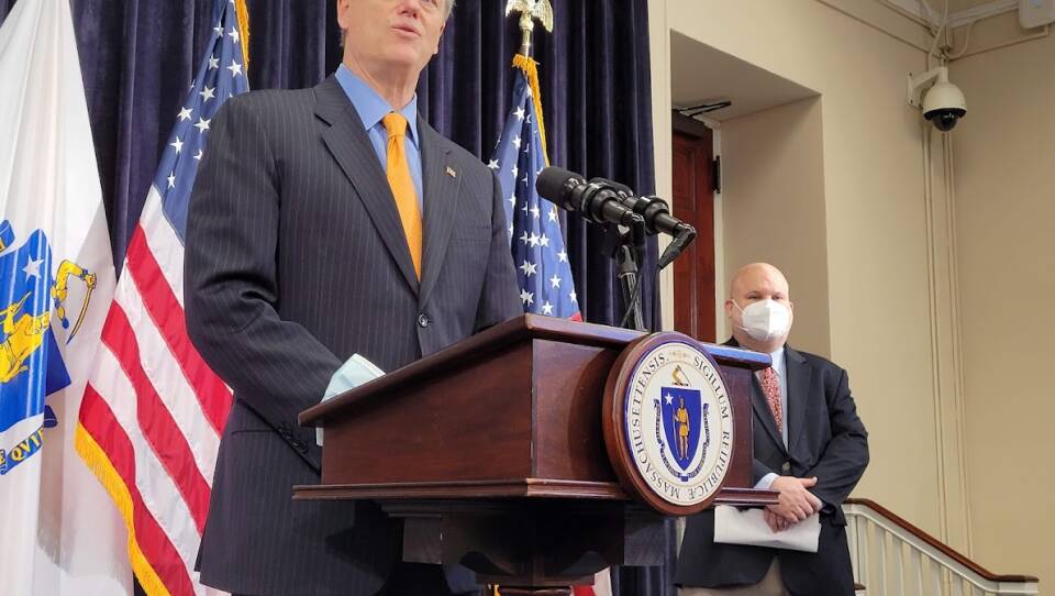 Gov. Charlie Baker and School Commissioner Jeff Riley announce weekly COVID test kits for teachers and students.