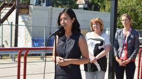 Boston Mayor Michelle Wu at a press conference  in the Seaport to announce developments at the Long Island Shelter, August 23, 2023