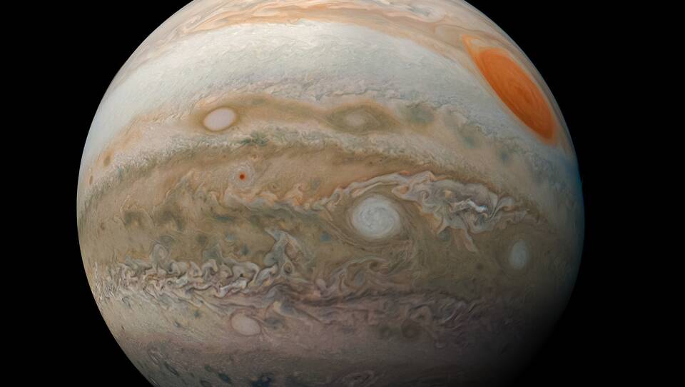 A view of Jupiter's Great Red Spot and turbulent southern hemisphere was captured by NASA's Juno spacecraft in 2019.