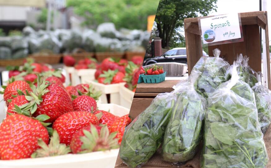 Strawberries and fresh spinach at the farmers market at Harvard University, Cambridge, MA.