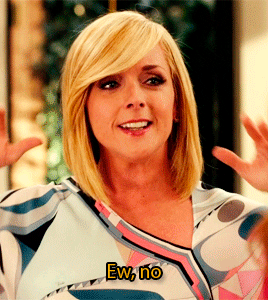 A smiling woman says "Ew, no."