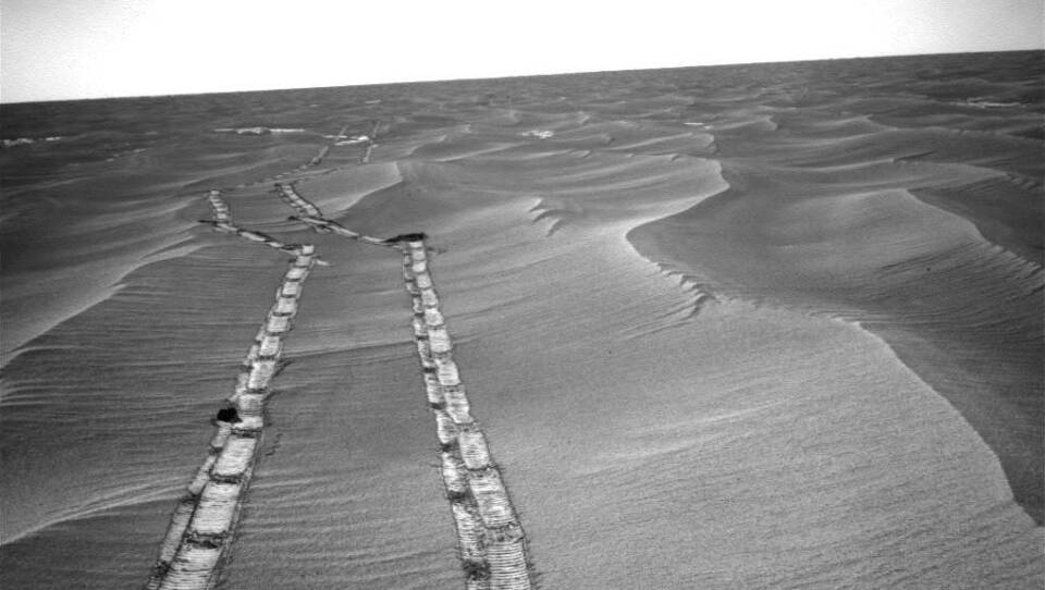 NASA's Opportunity rover used its navigation camera to capture this northward view of tracks in May 2010 during its long trek to Mars' Endeavour Crater.