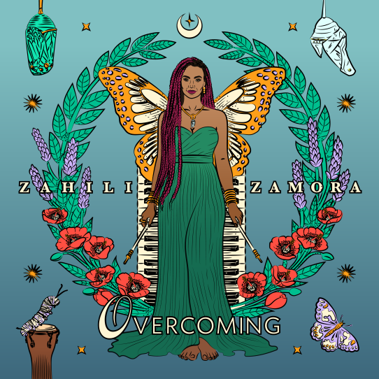 Album cover for Overcoming by Zahili Zamora, featuring an illustrated woman in a green dress with butterfly wings, holding drumsticks and standing before a piano keyboard surrounded by flowers.