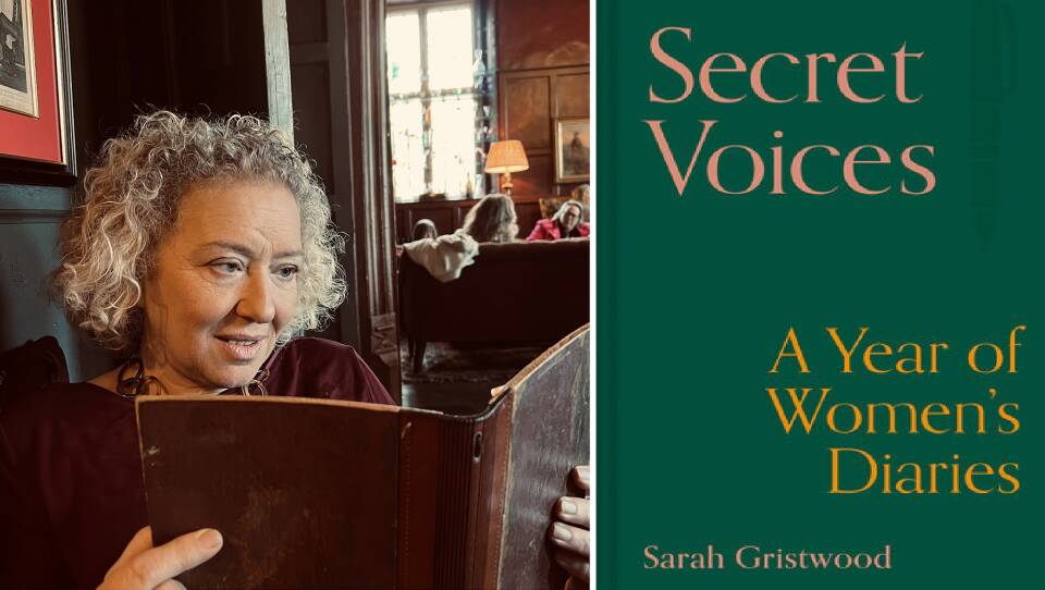 On the left: A woman reading an old book. On the right: a book cover with the title "Secret Voices: A Year of Women's Diaries."