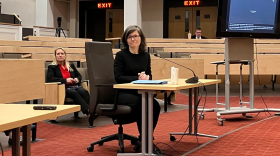 A woman in a black dress sits at a wooden table to testify in a hearing room.