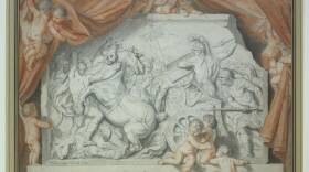 This is an illustration representing Diomedes being assaulted be the Trojans. the Trojans are charging at Diomedes with spears, his horse is bucking up on his hind legs and a horseman who has been killed, lies on the ground.