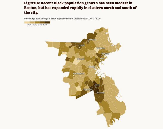 A map of Eastern Massachusetts shows highest growth in the Black populations in Stoughton, Avon and Brockton to Boston’s south — as well as up in Lowell and Lawrence to Boston’s north.