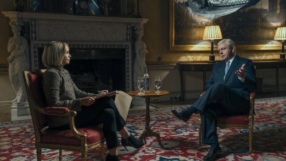 Ruth Wilson and Michael Sheen as Emily Matlis and Prince Andrew in "A Very Royal Scandal"