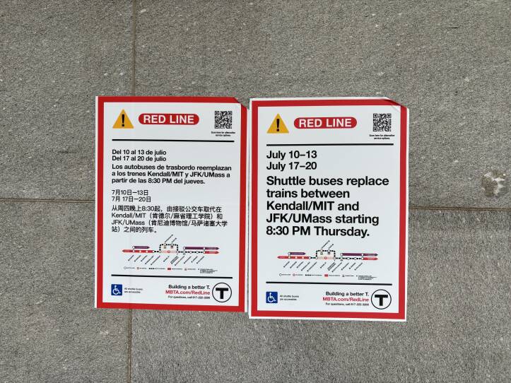 Two posters alert T riders, in different languages, to service changes on the Red Line.