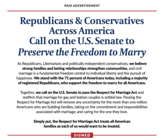 An advertisement, cropped to show the top, begins "Republicans & Conservatives Across America Call on the U.S. Senate to Preserve the Freedom to Marry"