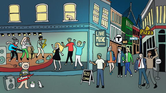 An illustration of a band playing, people walking through the streets, and a man in a bear costume playing music against the Zakim brigde.