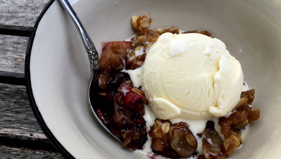 Rhubarb and Raspberry Crisp.