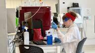 A young white woman with bright red lipstick and a red headband and wearing a white lab coat and blue rubber gloves holds a syringe to work on a lab project.