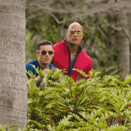 Two men, one with binoculars, peer out from behind some bushes