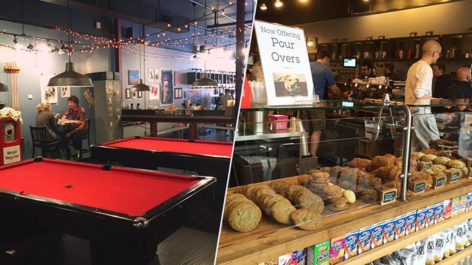 Left: Interior of Diesel Cafe in Somerville, showing pool tables. Right: Left: Interior of Diesel Cafe in Somerville, showing baked goods.
