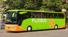 A Flixbus coach in the city of Zurich, Switzerland