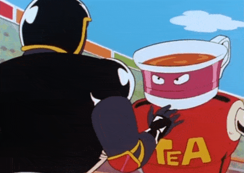 An animated teacup wins a fight