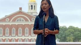 A woman in a blue dress stands, hands clasped together, behind a microphone while outdoors. A large older building with a gold dome is behind her.