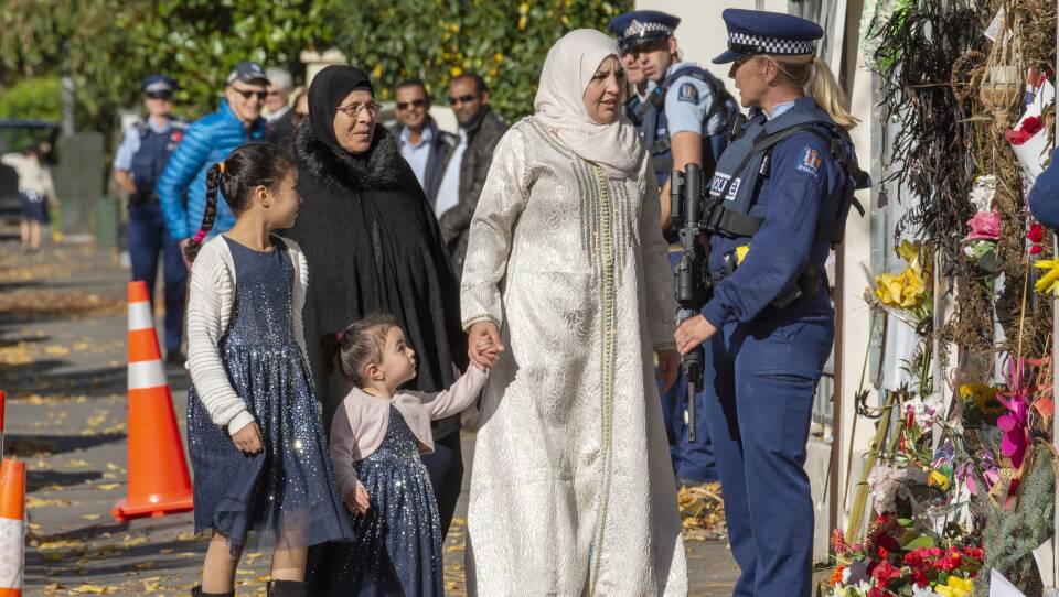 Families outside of the Al Noor Mosque, one of two targeted in the March 15th shootings in Christchurch, New Zealand.