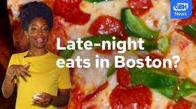 A thumbnail with Paris speaking against a background that is a closeup of pizza. The text reads 'late-night eats in Boston'