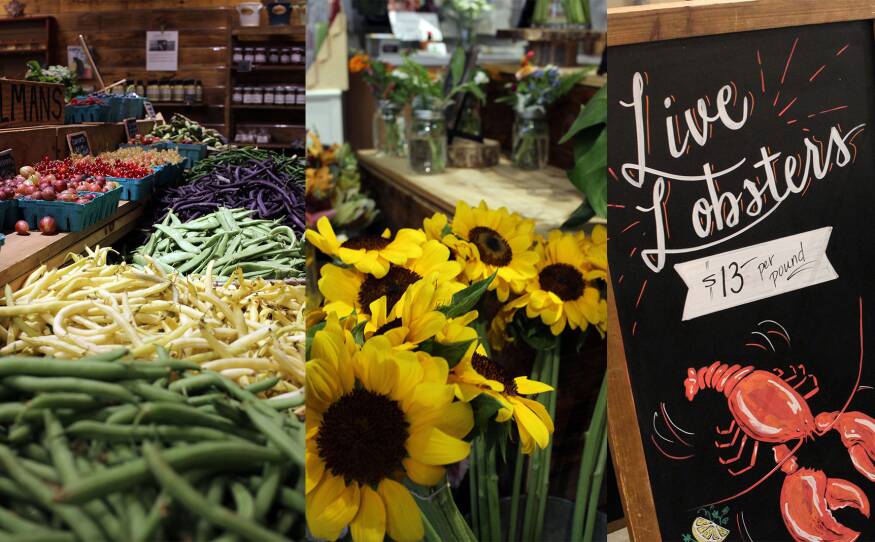 Fresh produce, flowers, and seafood at the Boston Public Market.