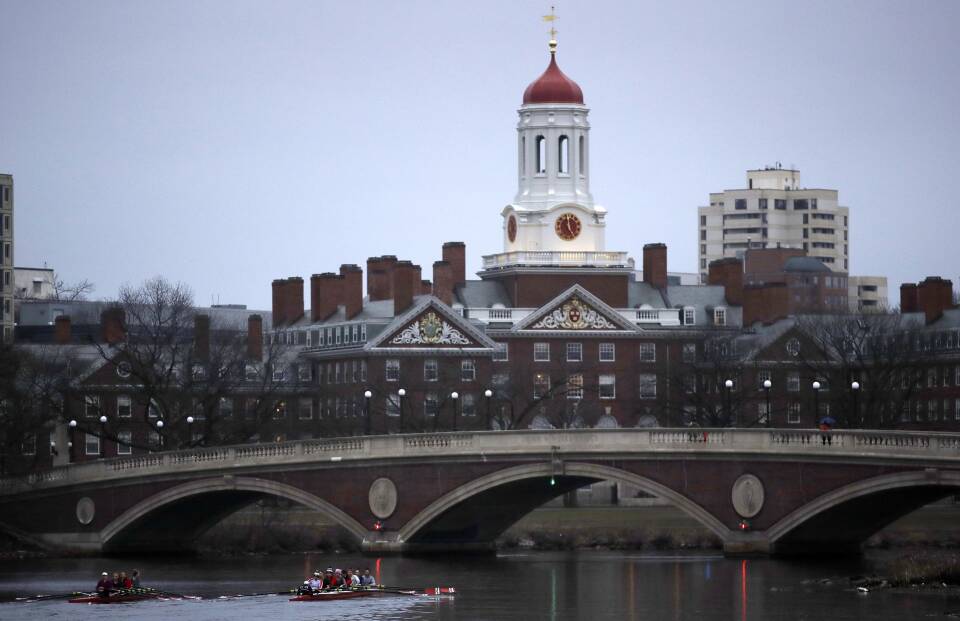 A view of the Harvard campus across the Charles River while several rowing sculls pass under a footbridge.