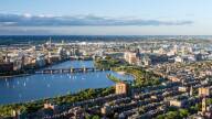 A bird's eye view of downtown Boston, the Charles River and Cambridge.