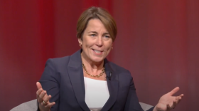 Governor Maura Healey is sitting in a chair, against a dark red backdrop. She's wearing a blue blazer, a white shirt, a gold chain necklace. Her arms are raised as if she is expressing something with her hands. She is smiling.
