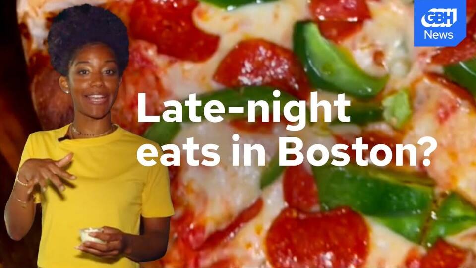 A thumbnail with Paris speaking against a background that is a closeup of pizza. The text reads 'late-night eats in Boston'