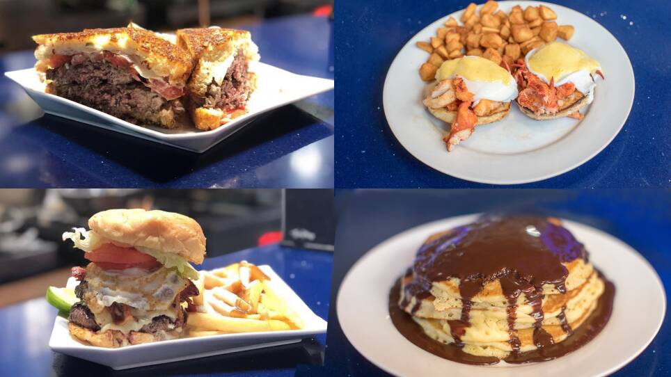 Clockwise: South Street Diner's Patty Melt, Lobster Benedict, Breakfast Burger, and the Boston Crème Pancakes