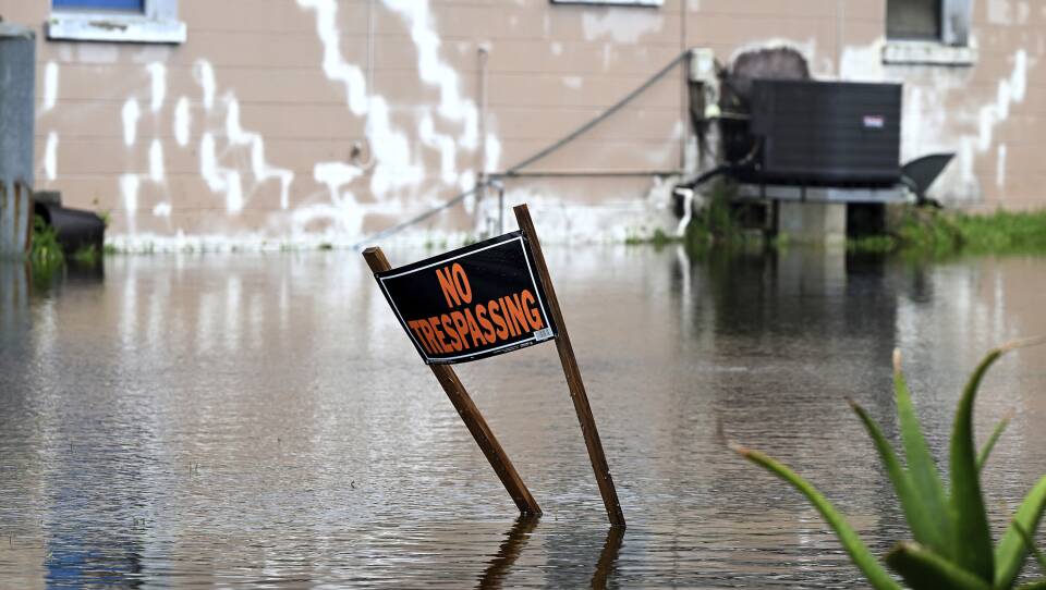 A no trasspassing sign in standing water.