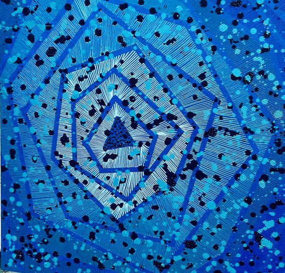A conceptual artwork using different shades of blue circling around a triangle in the center.