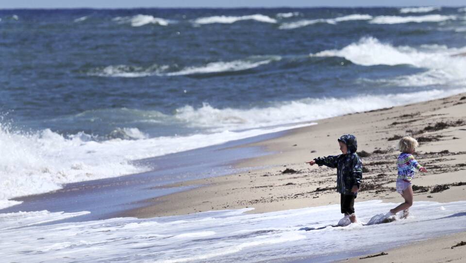 Two children play in the surf on a sandy beach in Cape Cod.