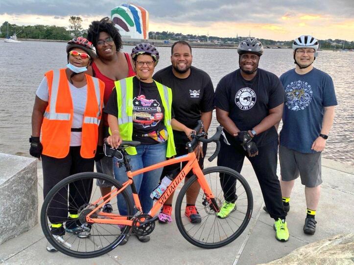 Vivian Ortiz with a group of cyclists on a Monday Night Ride through Dorchester in 2021