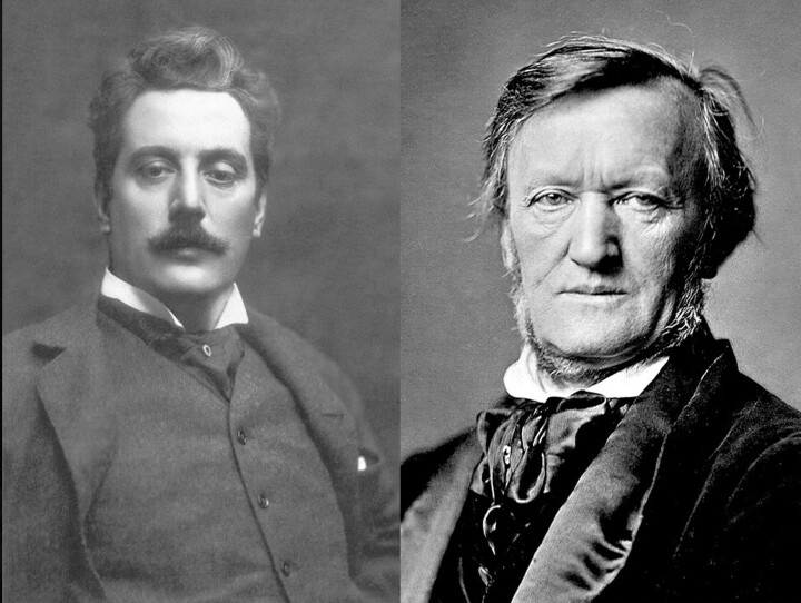 This is a black and white photograph. A headshot of Italian composer Giacomo Puccini is on the left. On the right is a headshot of German composer Richard Wagner