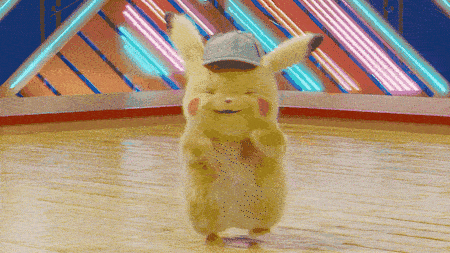 A small creature (Pikachu) wearing a deerstalker hat dances