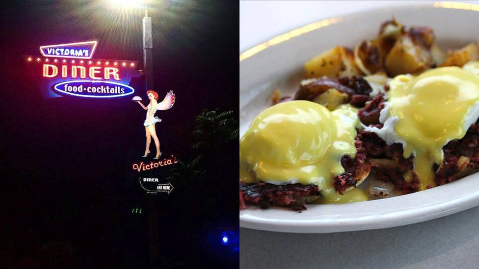 left: Victoria's Diner Iconic Neon Signage       right: One of four Eggs Benedict options on the Victoria's Diner menu. This one comes with Crispy Smoked Bacon.