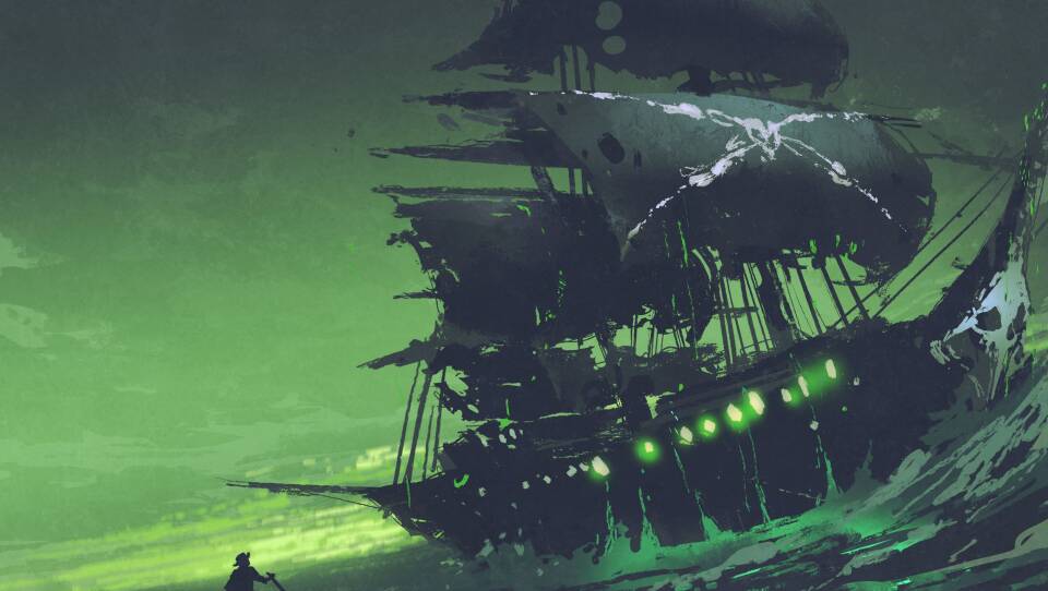 A night scene of ghost pirate ship in the sea with mysterious green light, Flying Dutchman, digital art style, illustration painting.