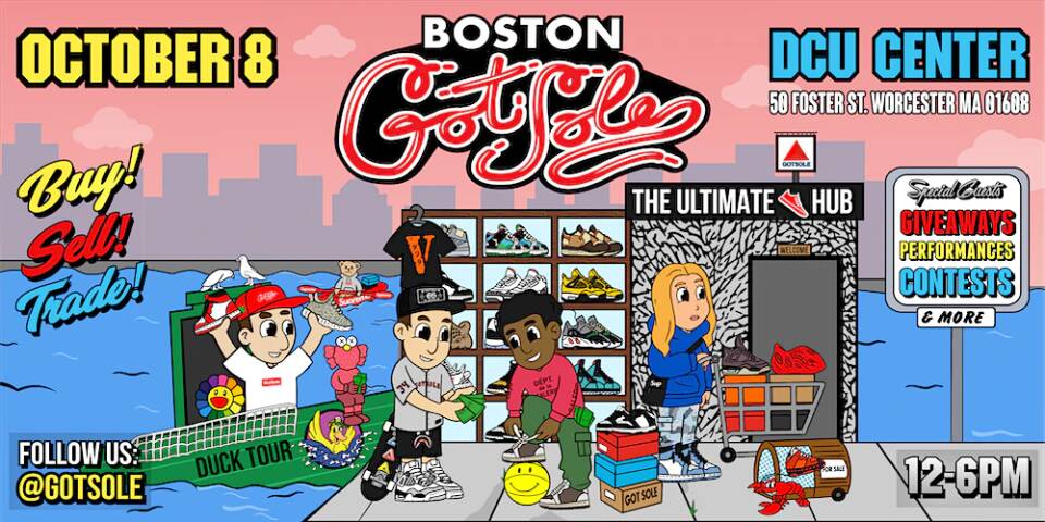 This is an illustrated poster for the Boston Got Sole sneaker convention, 2022. Multiple scenarios are taking place in a small space, which appears to be a boardwalk as they are surrounded by water, with the Boston skyline in the background. A lobster is in the mix, freed from a trap he has a red sneaker tied to his left claw. A man driving a Boston duck tour boat approaches the event, a passenger raises his arms above his head, a sneaker is in each hand.