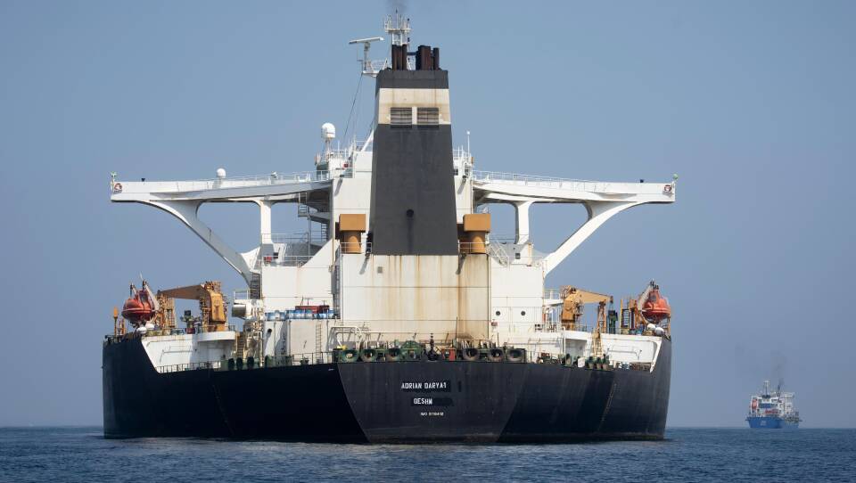 A view of the Grace 1 supertanker with its new name, Adrian Darya 1 on the transom, on Saturday in Gibraltar.