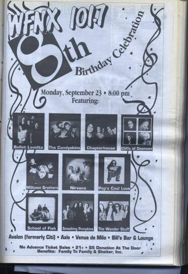 A black and white poster shows pictures of bands.