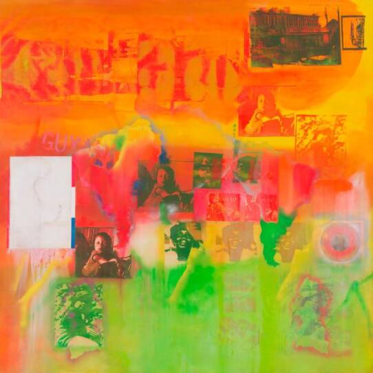 "Middle Passage" Frank Bowling depicts several small photographs silkscreened onto a painted canvas. The artwork is largely orange, pink, yellow, and green.