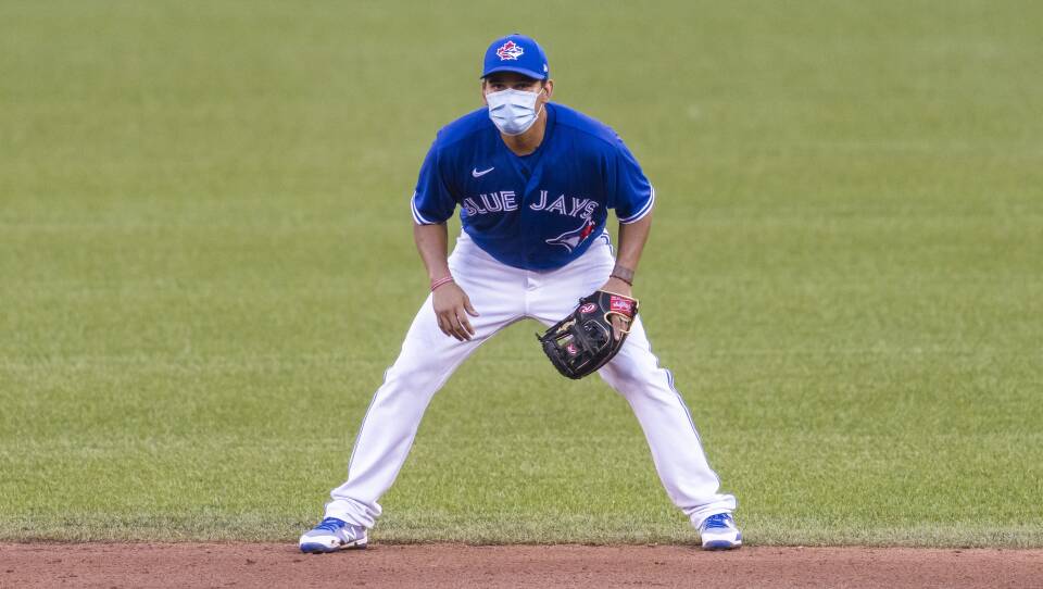 Rubén Tejada of the Toronto Blue Jays is pictured at an intrasquad game at Rogers Centre earlier this month in Toronto. The team received permission for preseason training at the stadium but the Canadian government will not allow regular season games in Canada.