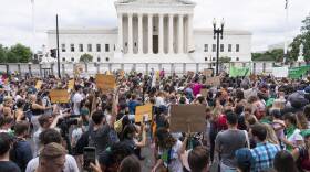 A large crowd of protesters stands in front of the U.S. Supreme Court building.