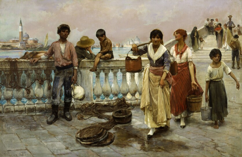 Frank Duveneck's "Water Carriers, Venice," an 1884 painting featuring many people in crossing a bridge in Venice overlooking a river. Several of the people heading towards and away from the viewer carry buckets of water on their shoulder