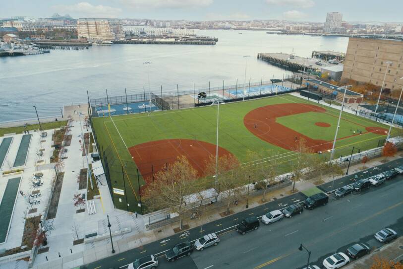 Arial view of recently completed reconstruction of the North End's Lagone Park.